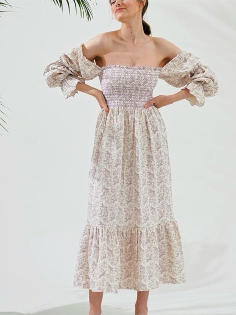Smocked Off-Shoulder Maxi Dress in Cream & Lilac Floral